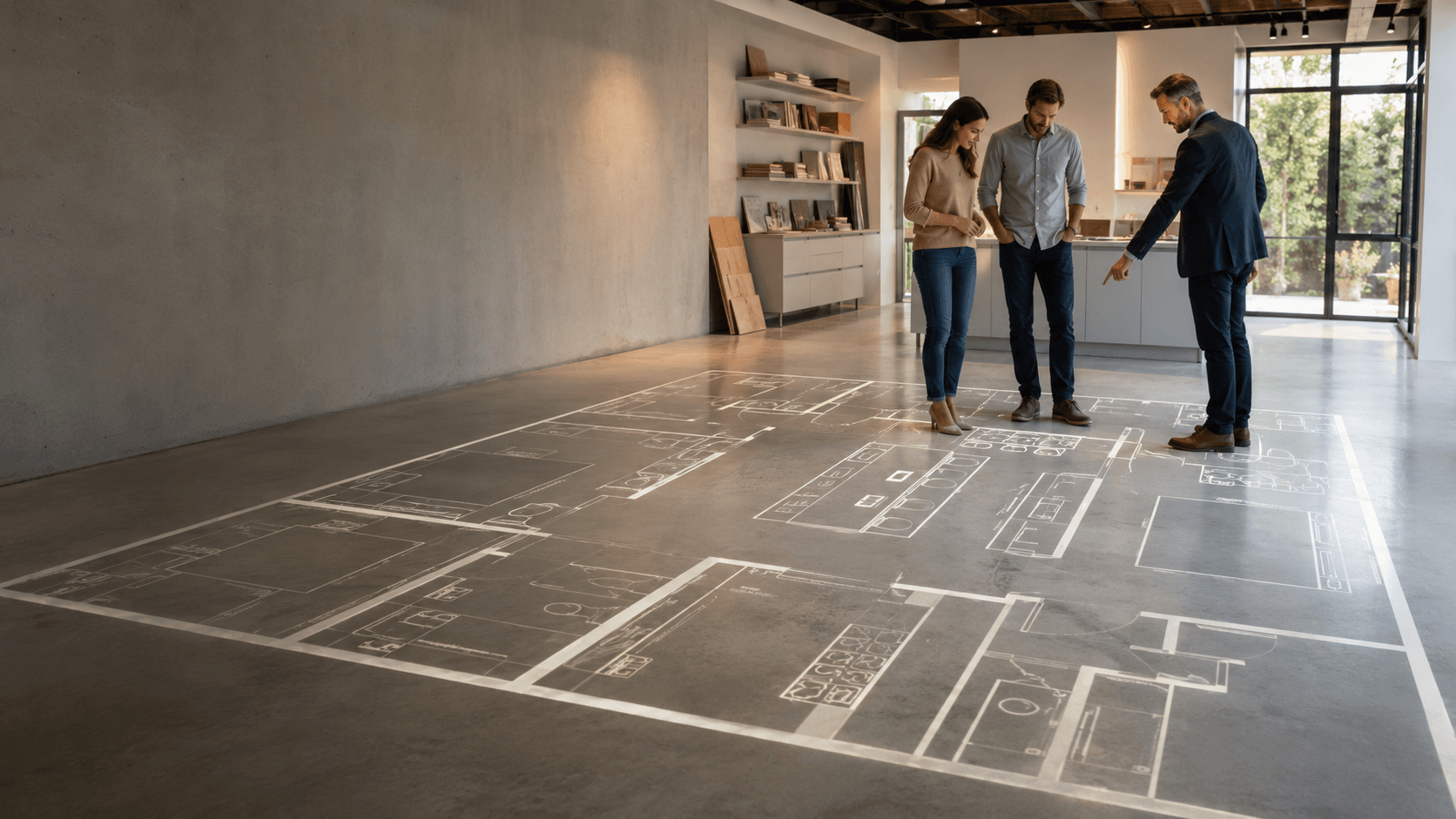 Life-sized floor plan walkthrough allows clients to experience their design at true 1:1 scale before construction begins.